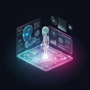 Futuristic multicolored illustration of AI agents collaborating with glowing holographic interfaces, symbolizing innovation, automation, and AI workflows in 2025.