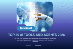 Robotic hand and AI robot interacting with digital interface on a futuristic tech background for the Top 30 AI Tools and Agents 2026 guide.