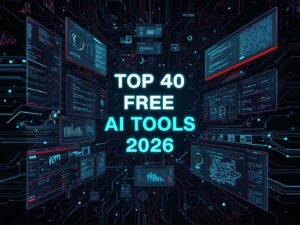 Futuristic digital interface showcasing dashboards and circuits with the text Top 40 Free AI Tools 2026 in glowing neon typography