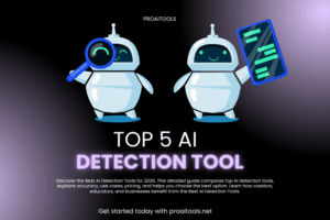 Illustration of two AI robots, one holding a magnifying glass and the other holding a digital screen, promoting “Top 5 AI Detection Tools” by ProAITools.net.