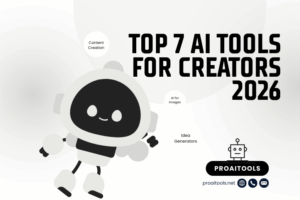 Cute robot illustration promoting “Top 7 AI Tools for Creators 2026” with content creation, AI image tools, and idea generators highlighted, branded by ProAITools.net.