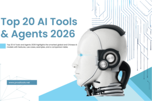 A futuristic AI humanoid robot with digital circuits in the background, used as the banner image for the Top 20 AI Tools and Agents 2026 guide on ProAITools.net.